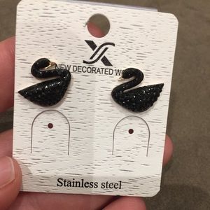 Stanless Steel Black Swan Stud Earrings